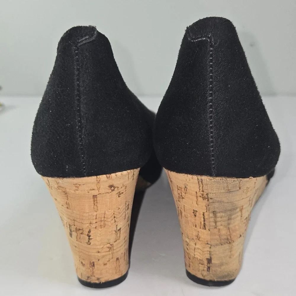 Vizzano Black Suede Peep Toe Wedge Heels Cork Platform Women Size 9 EUR 40